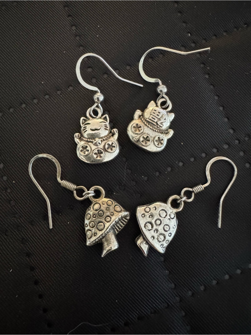 Silver Tone Cat and Mushroom Dangle Earrings Set